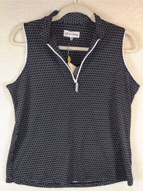 Sport Haley Black & White Sleeveless Zip-Front Golf Polo